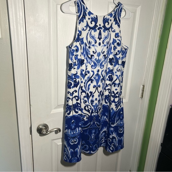 Lauren Ralph Lauren Stretch Crepe Damask Sleeveless A-line Dress Size 6 Blue - Picture 3 of 14